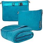 PAVILIA Travel Blanket Pillow, Soft Airplane Blanket 2-IN-1 Combo Set, Plane Blanket Compact Packable, Flight Essentials Car Pillow, Travelers Gifts Accessories Luggage Backpack Strap, 60x43 Teal Blue