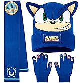 Sonic The Hedgehog 3 Pcs Winter Accessories with Gloves, Beanie Hat, Scarf Set for Boys, Winter Gear, Gamer Gifts for Boys