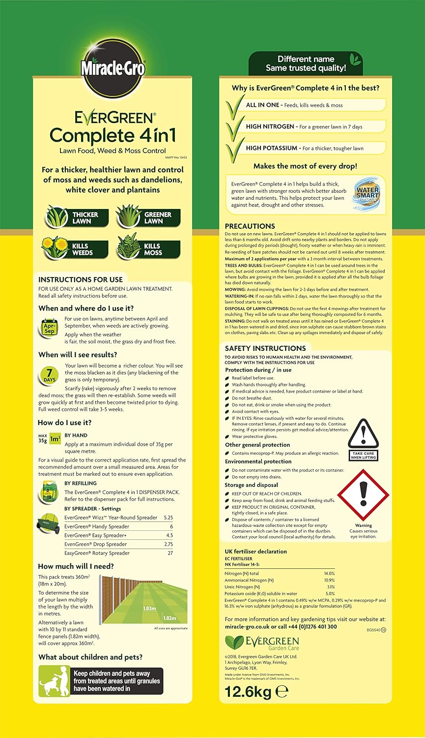 Miracle-Gro Evergreen Complete 4 in 1 Lawn Food - 360 m2, 12.6 kg, Lawn Food, Weed & Moss Control, 360 m² - Image 3