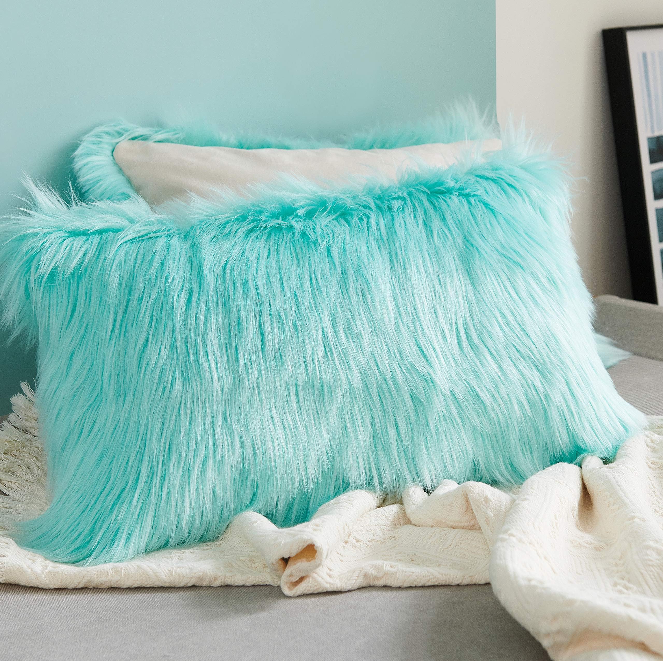 Foindtower Lumbar Fluffy Faux Fur Square Decorative Throw Pillow Cover Plush Soft Cushion Cover Pillowcases for Livingroom Couch Sofa Nursery Home Decor 12x20 Inch (30x50cm) Light Turquoise 1 Piece