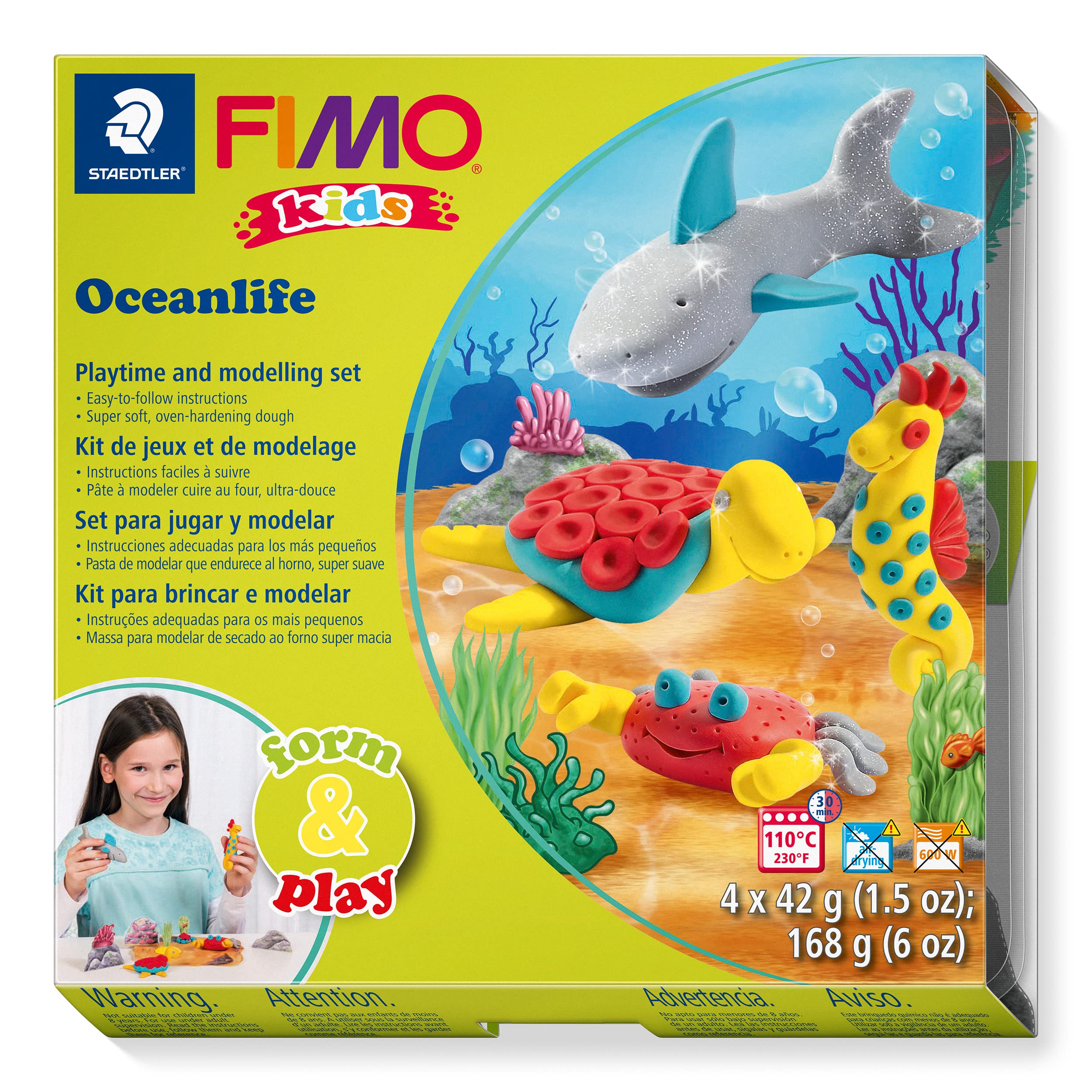 STAEDTLER 8034 14 LZ FIMO Kids Form&Play Playtime & Modelling Polymer Clay Set - "Oceanlife" (Pack of 4 Blocks, Stickers, Modelling Tools & Background Scene)