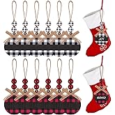 Bylion 12 Pieces Christmas Stocking Name Tags Christmas Decorations for Tree Buffalo Plaid Hanging Wood Ornament Rustic Christmas Ornaments with Bead and Bow for DIY Christmas Farmhouse Decor