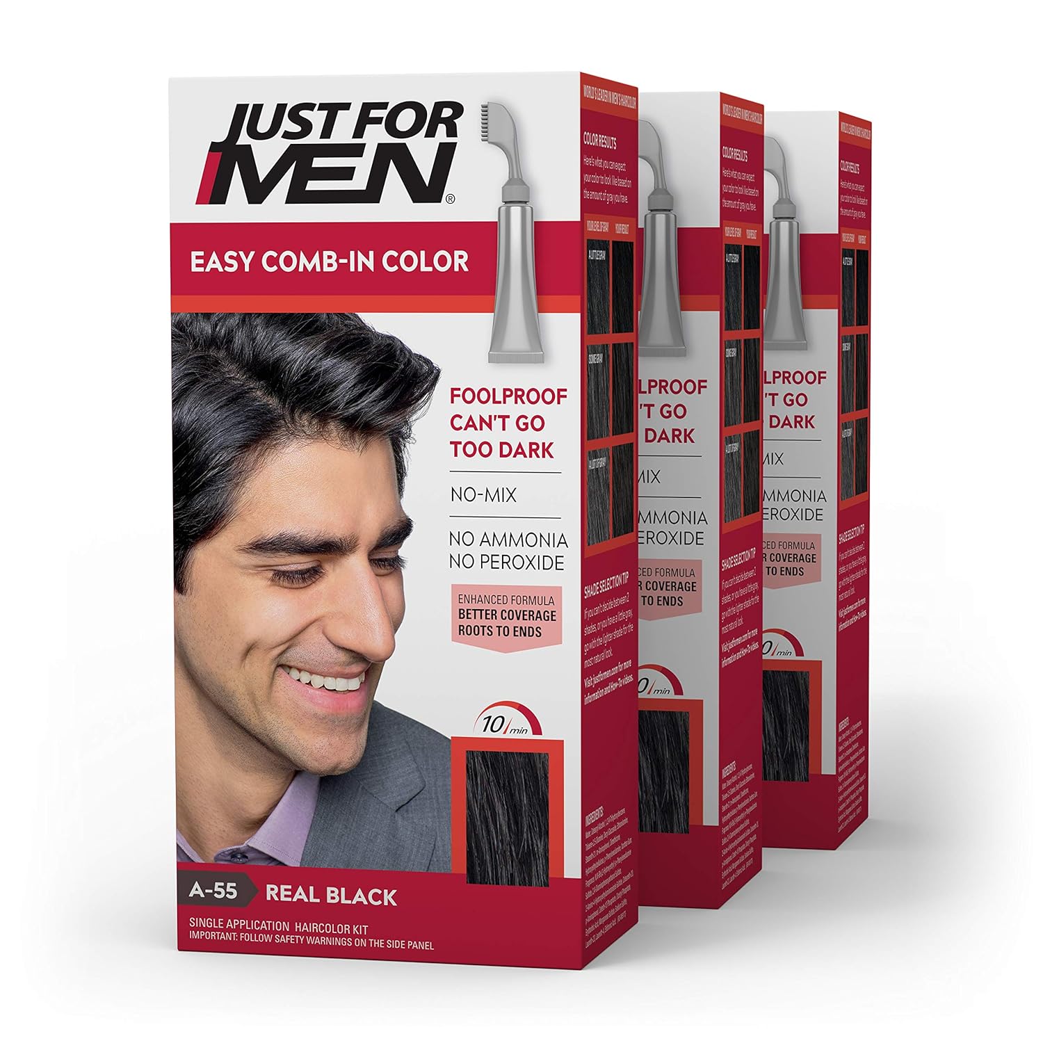 Just For Men Easy Comb-In Color (Formerly Autostop), Gray Hair Coloring for Men with Comb Applicator - Medium-Dark Brown, A-40 - Pack of 3 (Packaging May Vary): Beauty
