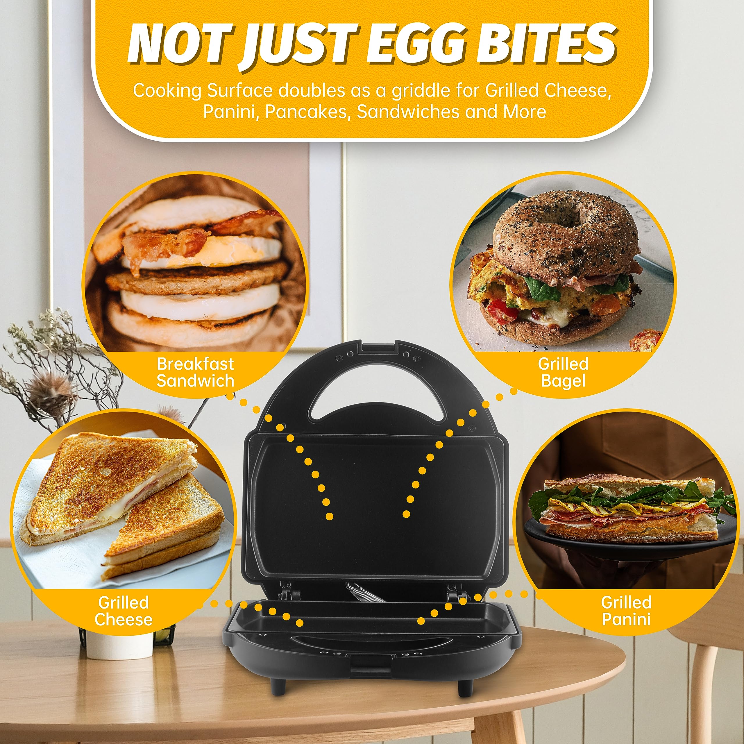 Sous Vide Style Egg Bite Maker Machine with 4 Silicone Molds, Grilled Cheese Maker, Mini Griddle, Ideal for Breakfast Sandwiches, Snacks, Desserts, 8 Mini Egg Bites & 2 Large Egg Bites