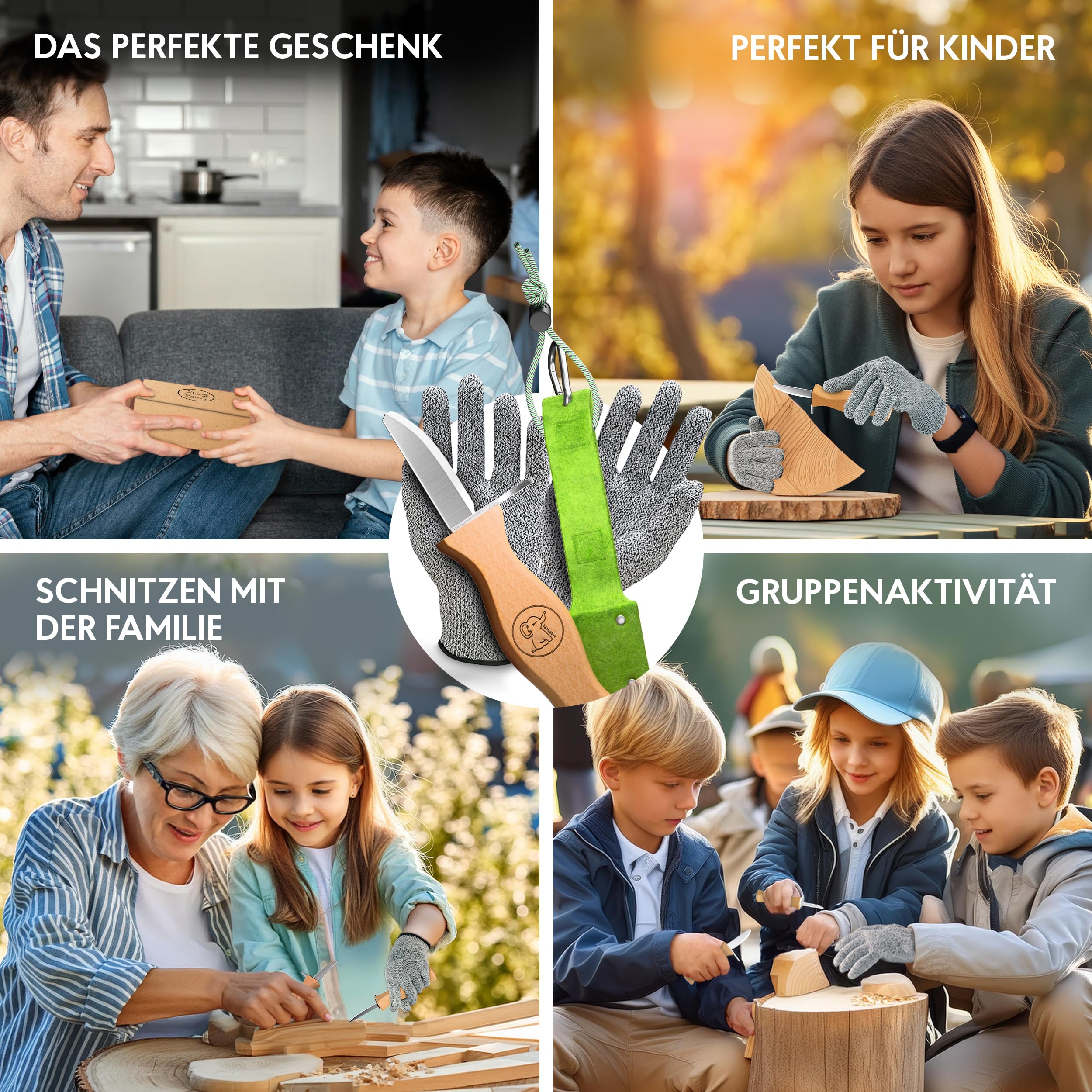 Eli® Schnitzmesser Kinder mit Filztasche ab 6 Jahre - hochwertiges Kindermesser Schnitzset inkl. schnittfeste Handschuhe - Kinderschnitzmesser - Schnitzwerkzeug - Outdoor Messer - grün 5
