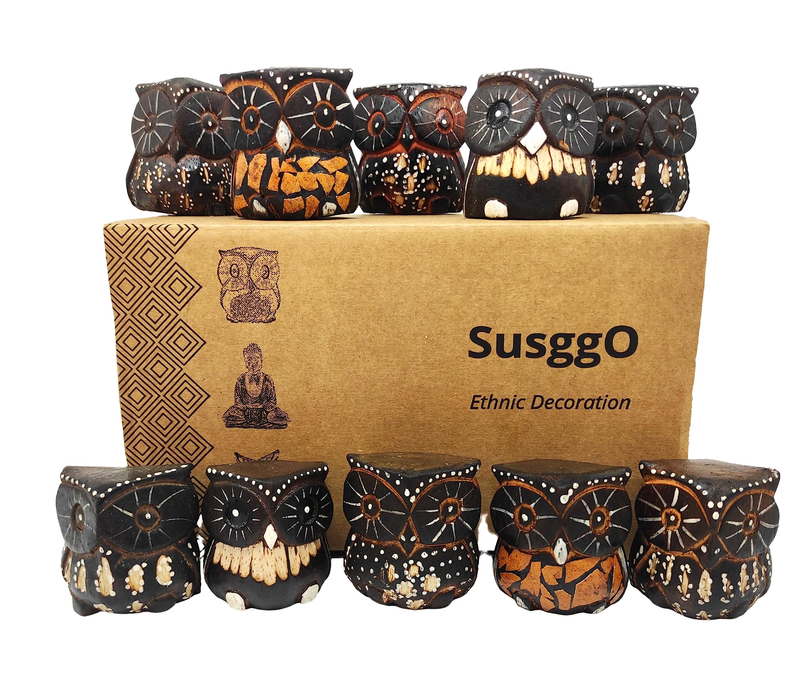 SusggO Set of 10 Decorative Wooden Miniature Owls, Owl Decoration, Owl Figures, Lucky Owls, Crafts, Furniture Ornament, Special Collectors' Edition (Miniature Owls)