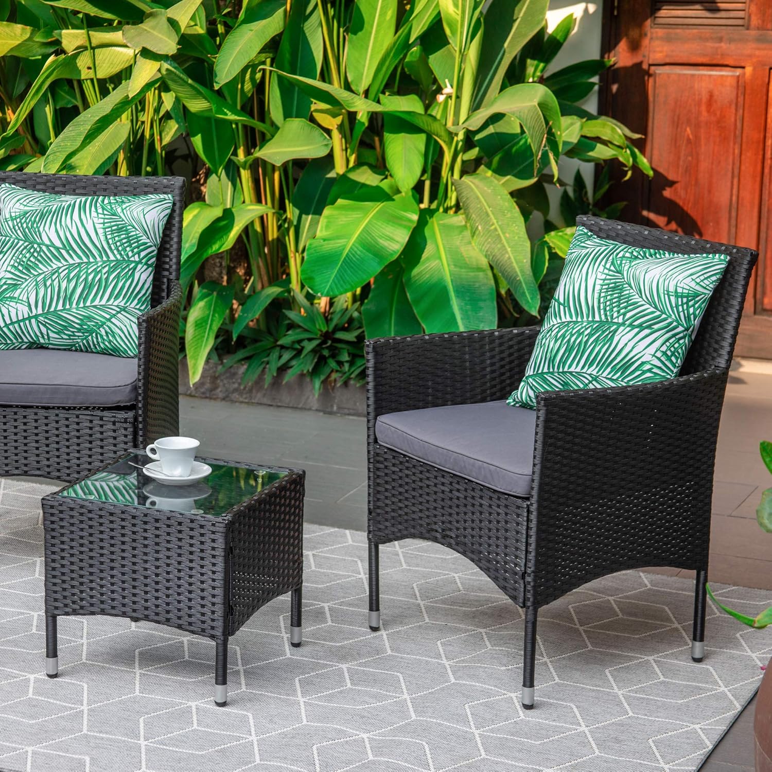 M&W 3 Pieces Patio Furniture Set, Outdoor Chairs and Coffee Table, PE Rattan Wicker Bistro Table Set for Balcony, Lawn, Garden, Backyard, Grey (Throw Pillow NOT Included): Garden & Outdoor