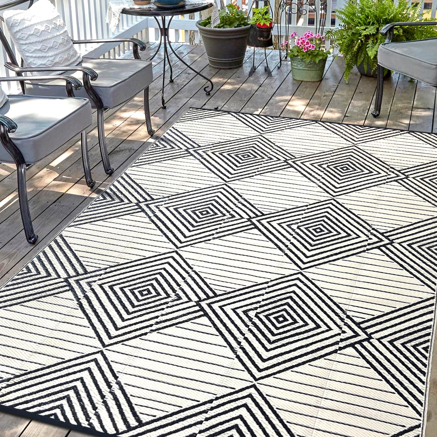 Waterproof Outdoor Rug 6x9ft, Foldable Reversible Plastic Straw Mat for Patio RV Deck Porch Backyard Balcony Camping Picnic Beach Indoor Outdoor Carpet, Black&Beige Image