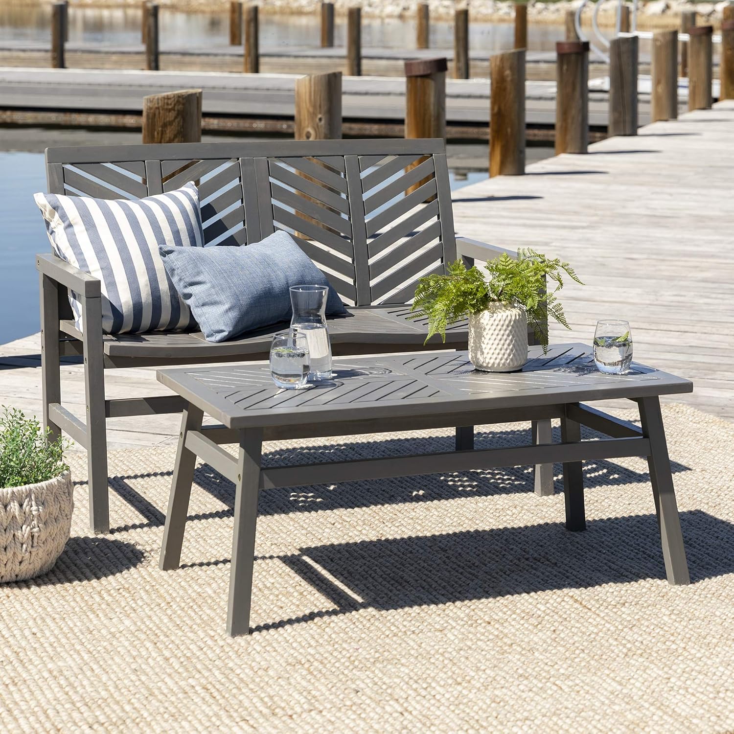 Walker Edison Furniture Company Outdoor Patio Wood Chevron Rocking Chair All Weather Backyard Conversation Garden Poolside Balcony, Set of 1, Grey: Furniture & Decor
