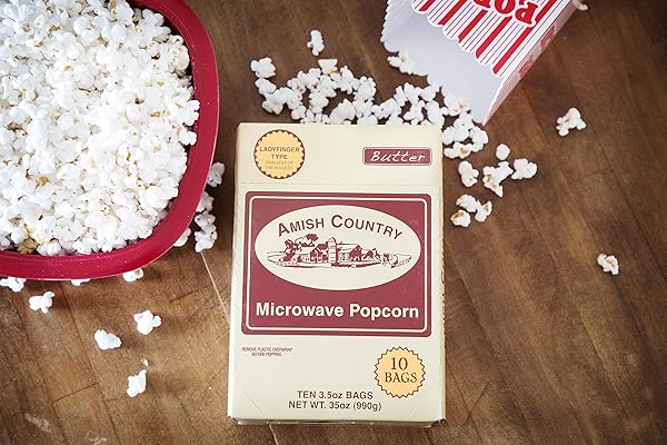 AMISH COUNTRY POPCORN – LADYFINGER BUTTER MICROWAVE POPCORN -10 PACK- WITH RECIPE GUIDE