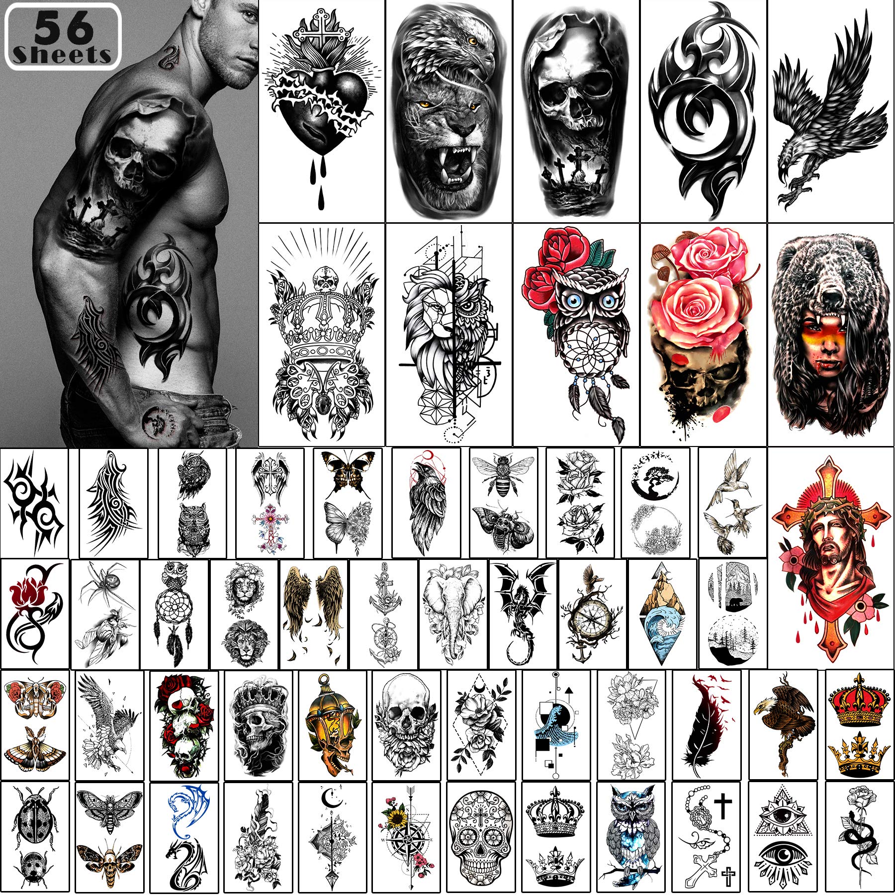 Yazhiji 56 Sheets Temporary Tattoos Stickers 11 Sheets Half Arm Shoulder Tattoos for Men or Women with 45 Sheets Tiny Fake Chest Tattoo