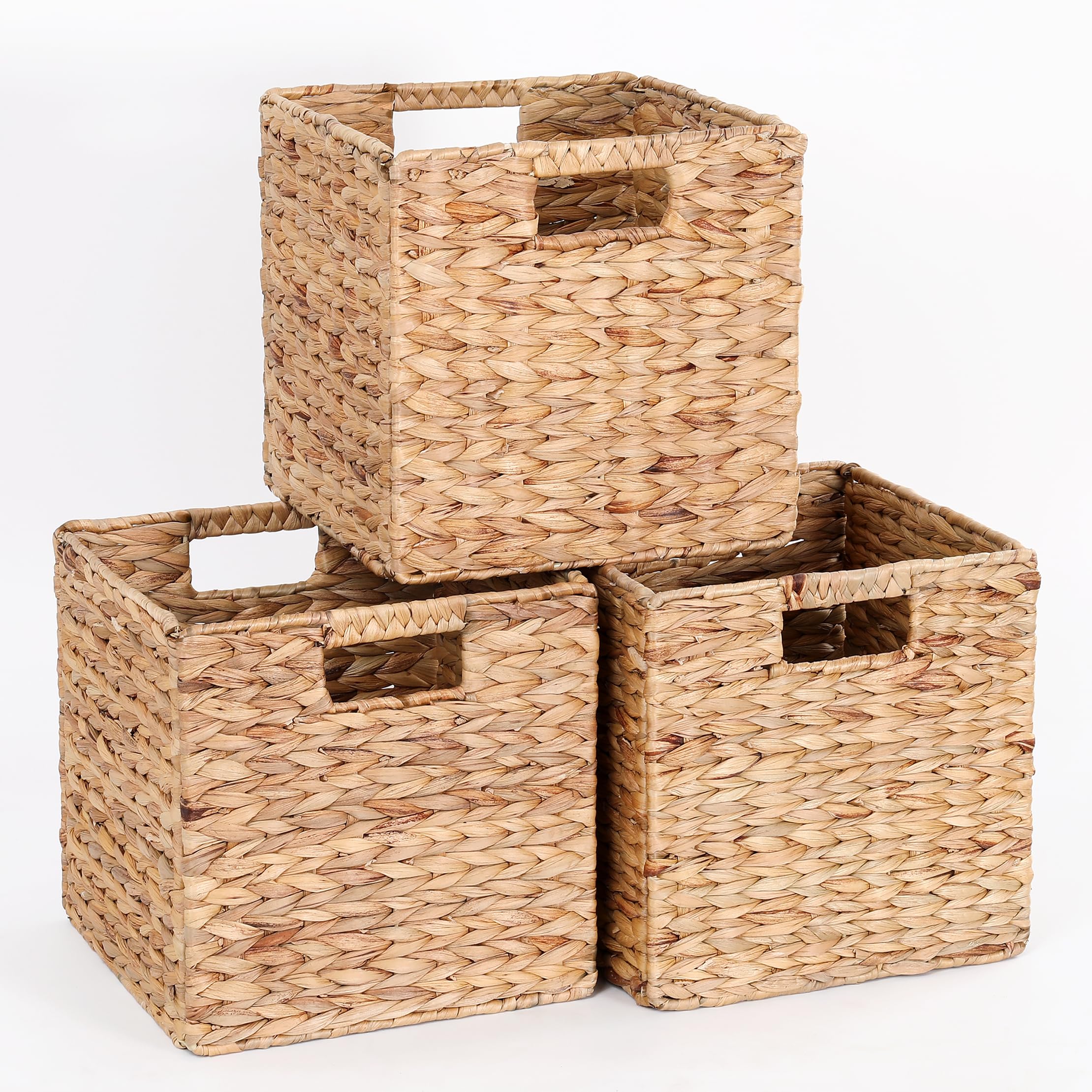 Photo 1 of 11x11x11in Water Hyacinth Storage Baskets, 11 Inch Cube Storage Bins, Woven Baskets for Storage, Wicker Storage Basket for Shelves Set of 3