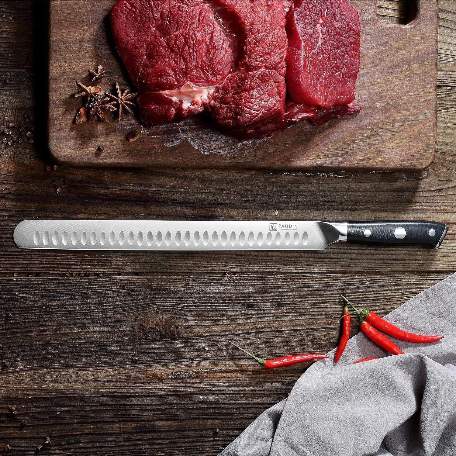 PAUDIN Carving Knife 12-Inch - Razor Sharp Granton Edge Kitchen Knife, Ham Roasts Meats Brisket Slicing Knife, German Stainless Steel Blade, Comfortable Triple Rivet Fiberglass Handle: Kitchen & Dining