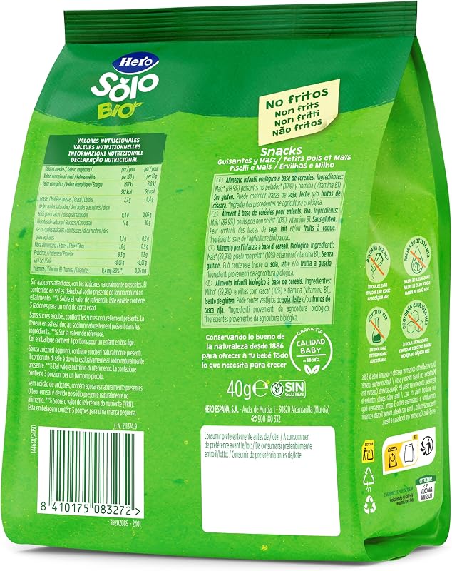 Hero baby - lanche de ervilha e milho, 100% eco, bio, com ingredientes da agricultura biológica e da ue, não frito, adequado para bebés a partir dos 10 meses - embalagem de 6 x 40 g