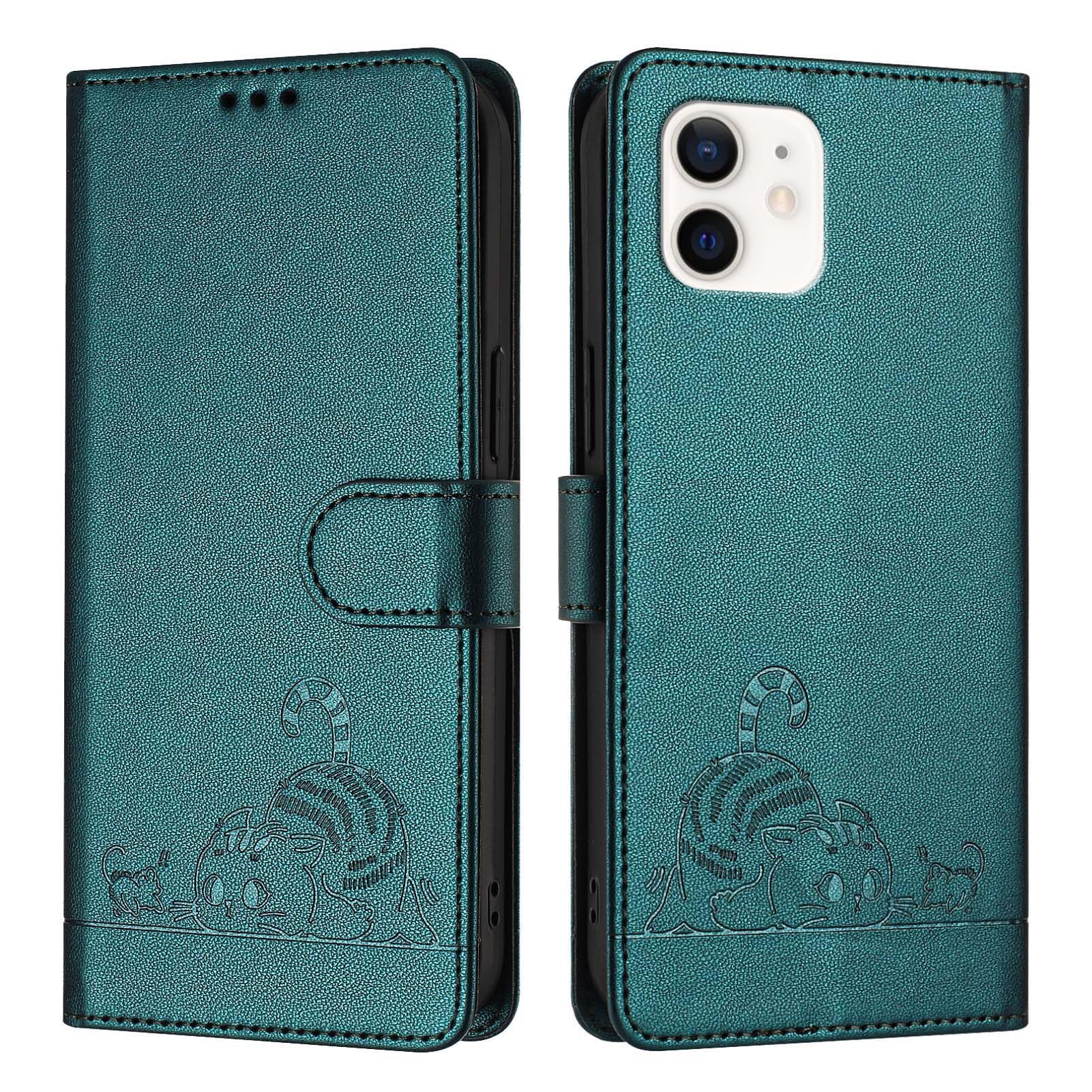 ScandiCasis iPhone 12 Pro Flip Case, Cat Pattern Leather Cover with [Card Slots] [RFID] [Wallet] [Kickstand] Shockproof Case, Peacock Green