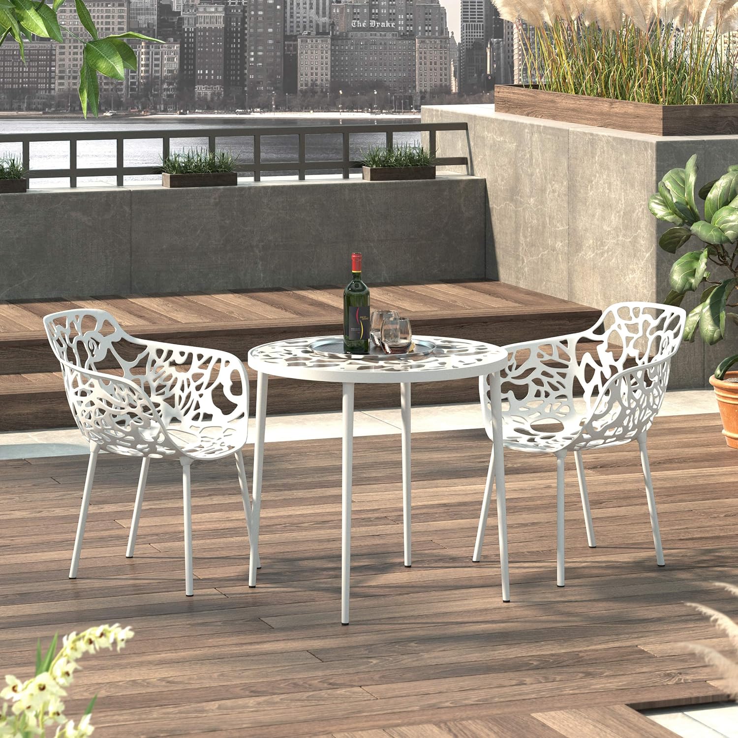 LeisureMod Devon Tree Design Glass Top Aluminum Base Indoor Outdoor Bistro Table (White): Garden & Outdoor