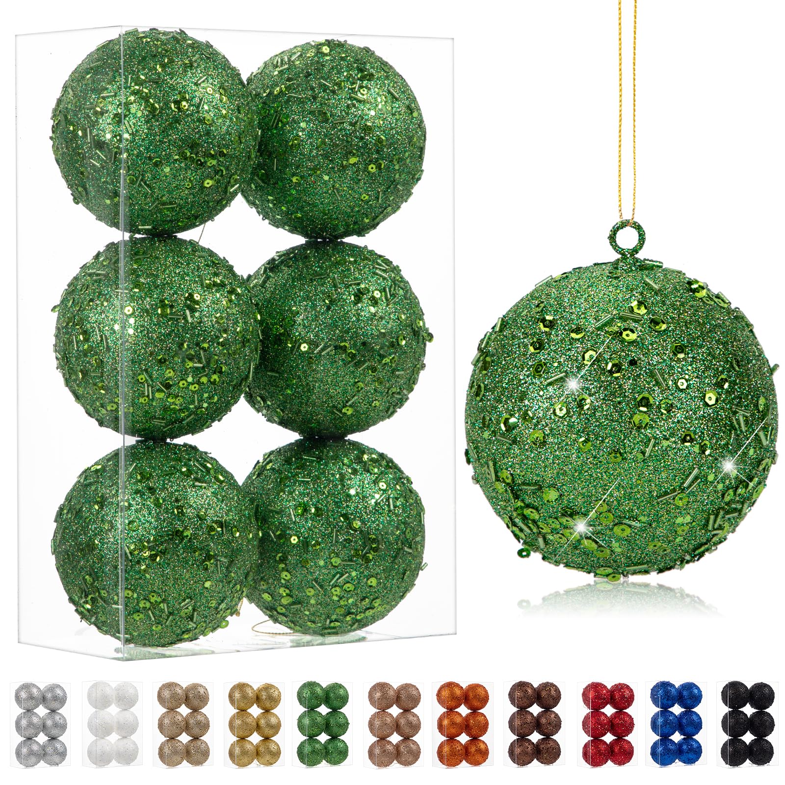 Oairse 10cm Large Christmas Bauble Ornaments 6 Pcs Shatterproof Big Green Bauble for Xmas Tree Glitter Christmas Tree Ornaments for Halloween Holiday Wedding Party Decoration