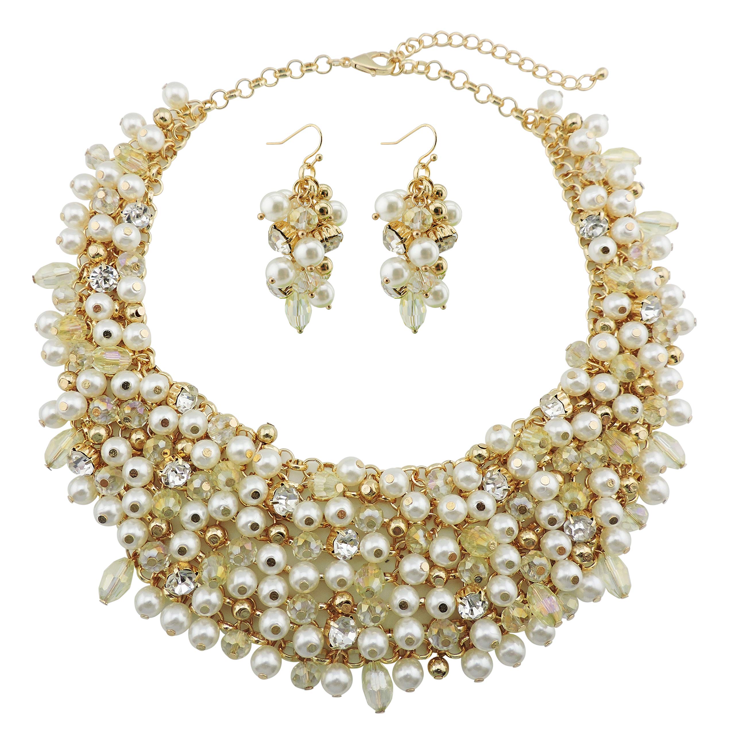 Bocar Fashion Crystal Chunky Collar Statement Necklace Earring Set for Women Gift (NK-10260-Beige)