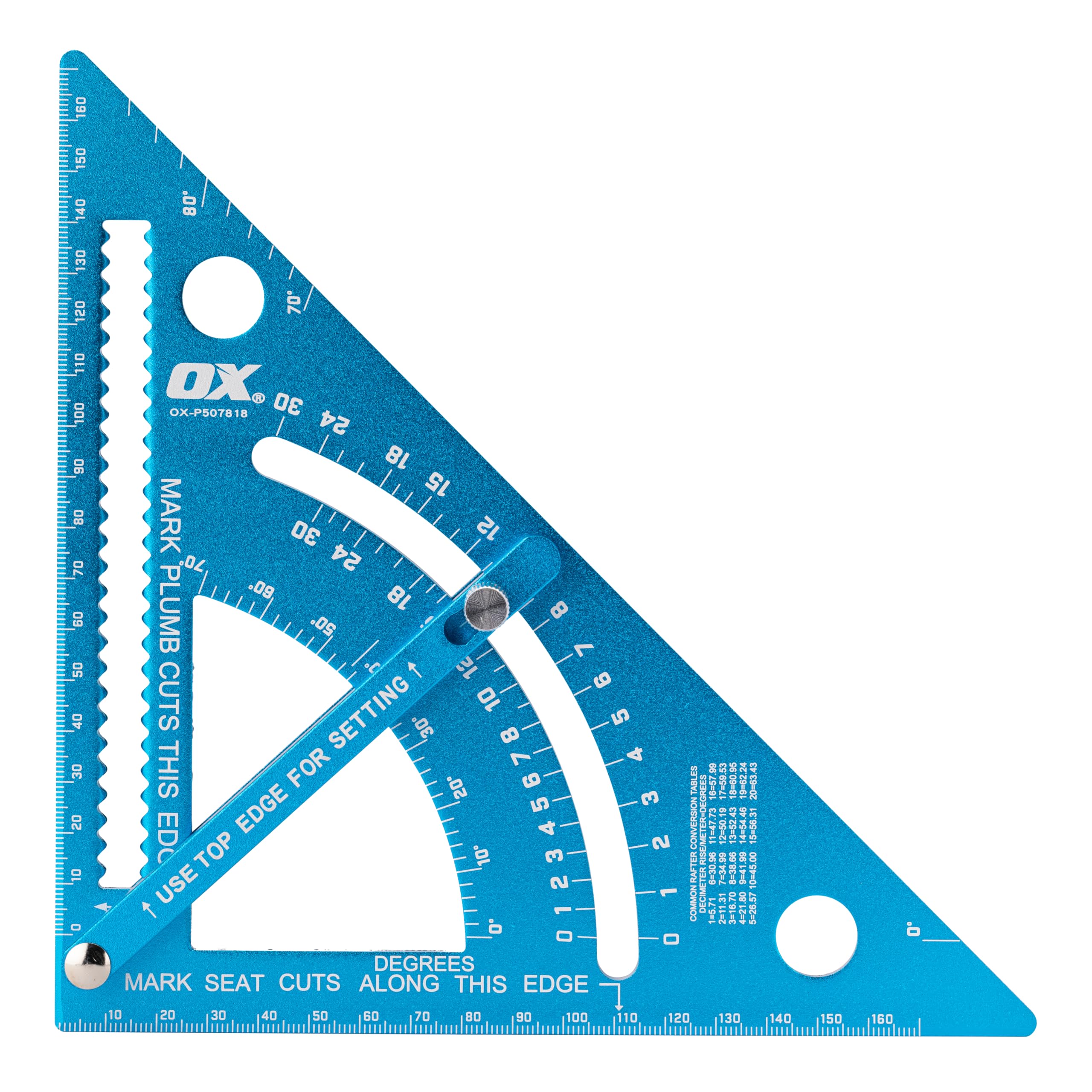 OX Pro Adjustable Aluminium Rafter Square 180mm, Heavy Duty, Laser-Etched Markings, Multi-Scale, Scribe Notches, OX-P507818