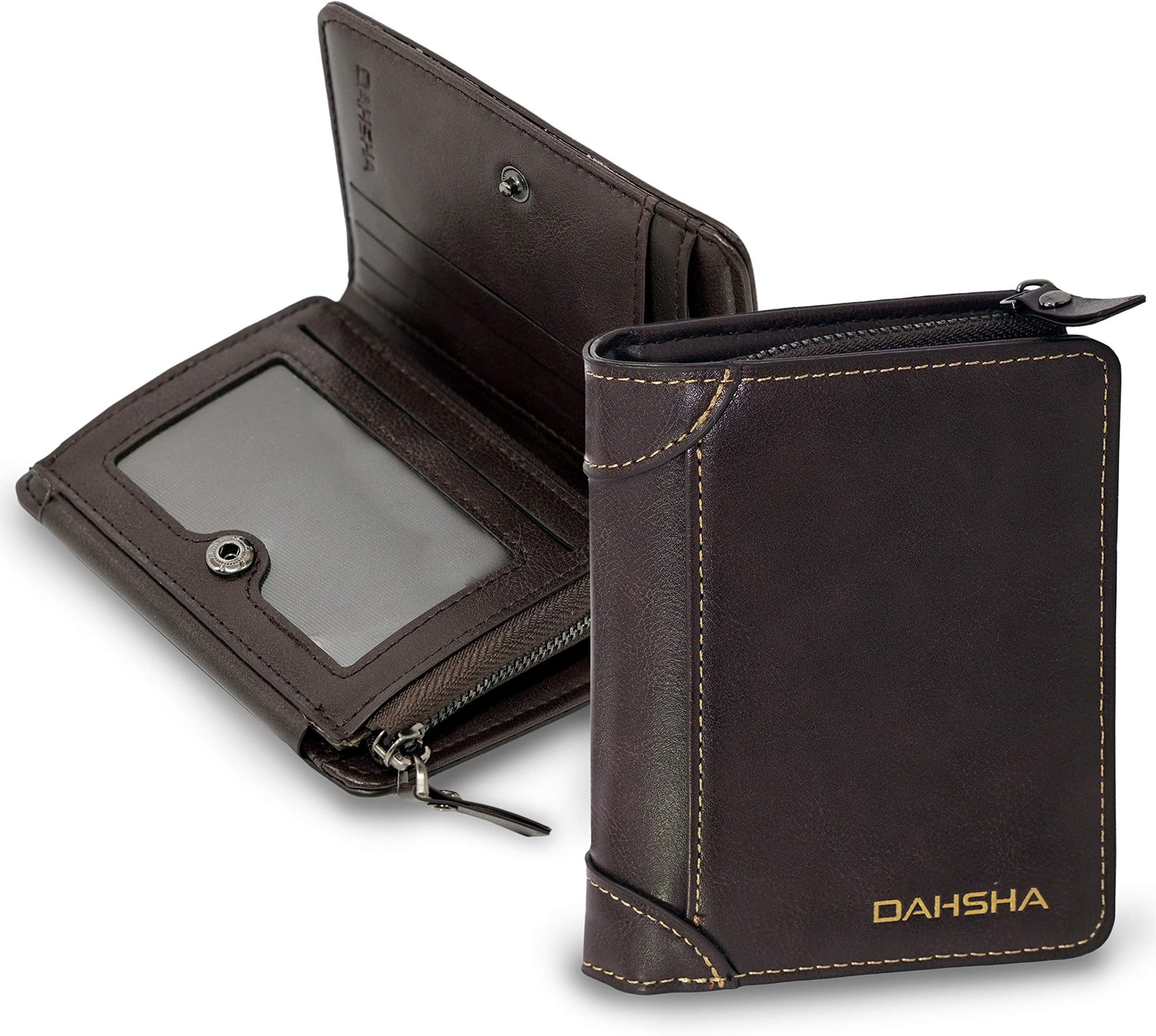 DAHSHA 8 Slot Leather Credit Debit Zipper Card Holder Wallet with ID Window for Men & Women (9.5 x 2.5 X 12cm, Brown)