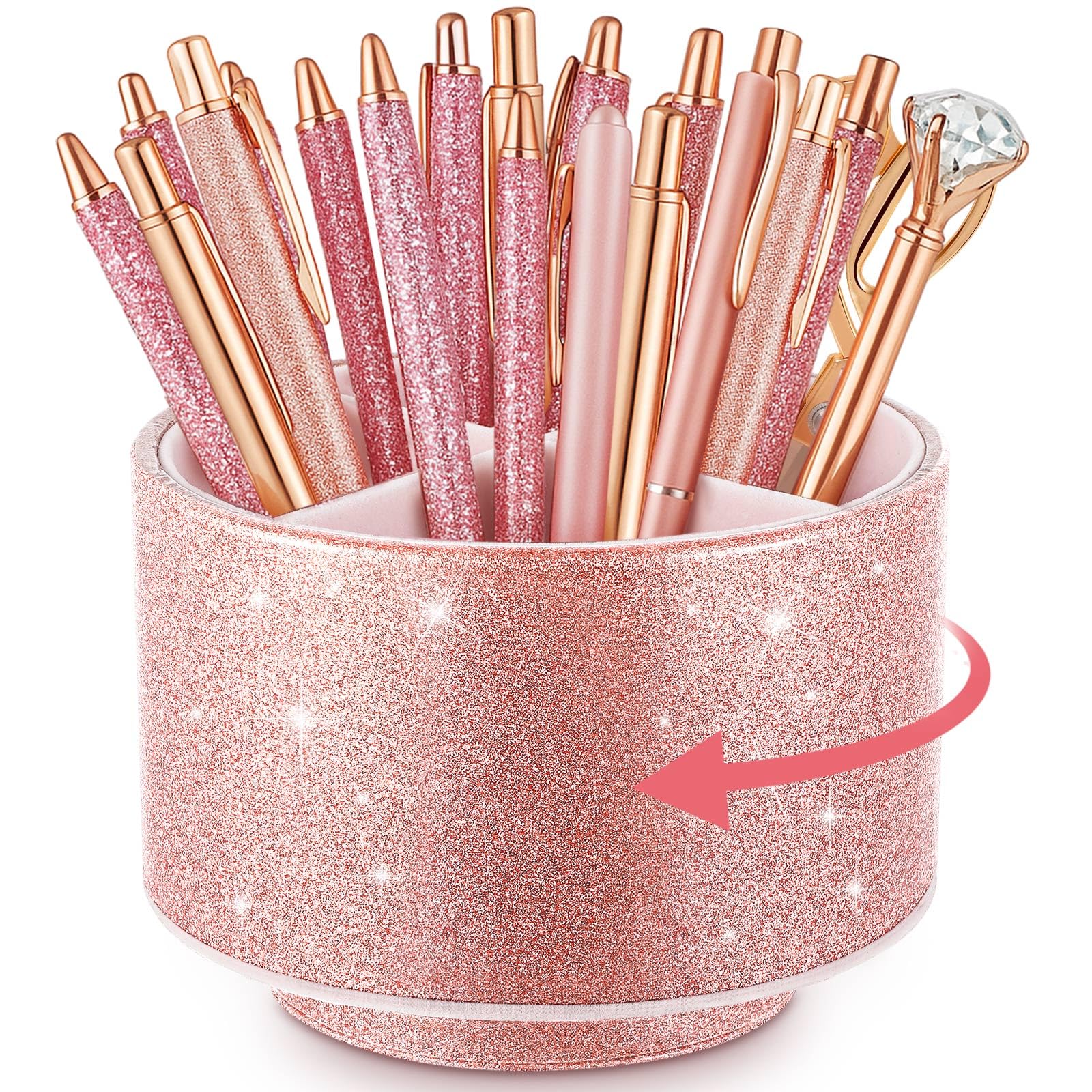 Photo 1 of Epakh PU Leather Glitter Pen Holder Pencil Cup 360 Degree Spinning Women Girls Luxury Makeup Brush Holder Organizer Cup Gift for Desk Office Classroom Home(4 Compartments,6 Inch,Rose Gold)