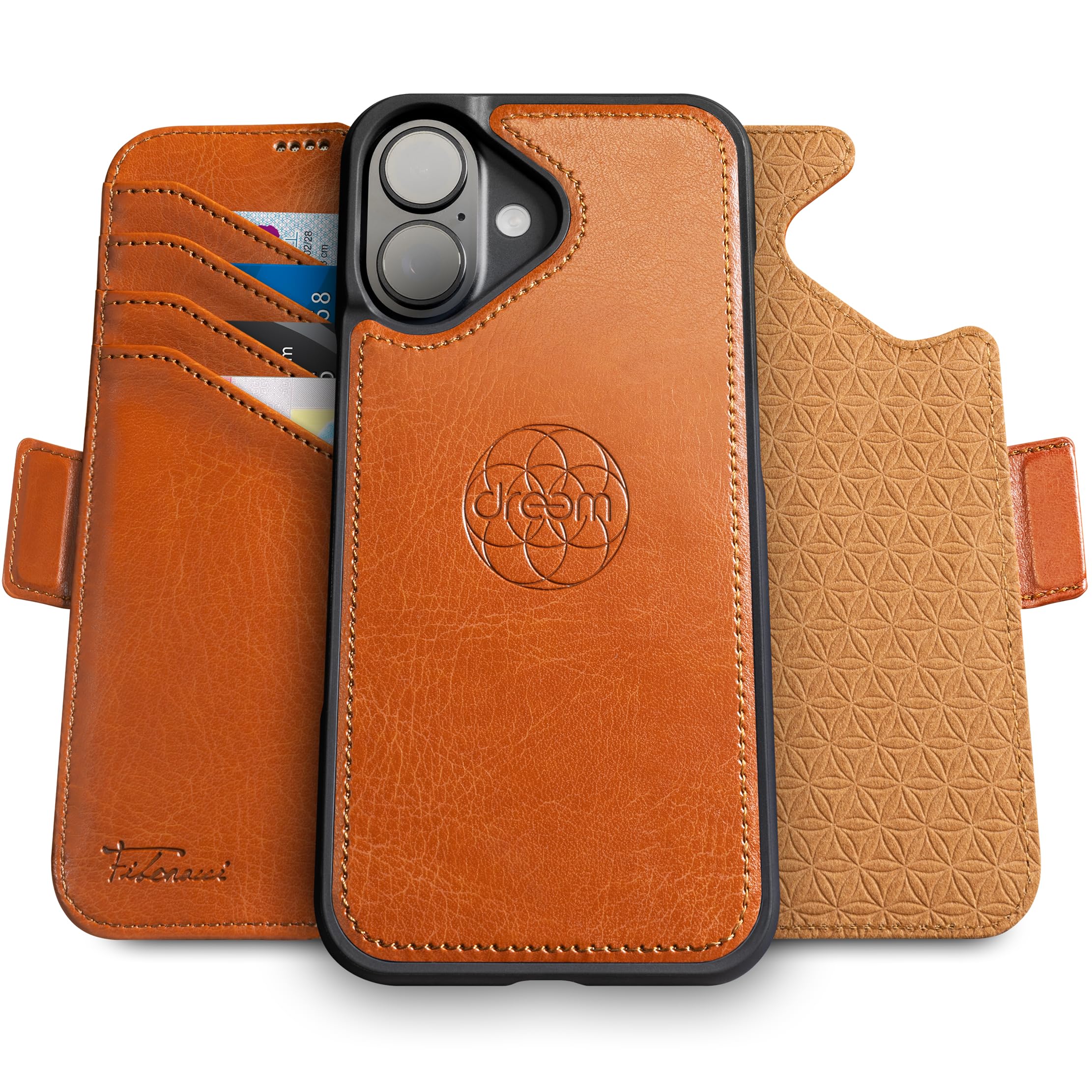dreem Wallet Case for iPhone 16 Plus, Revolutionary Vert/Hor Phone Stand, Magnetic Detachable Vegan Leather Flip Cover RFID Blocking Card Holder, MagSafe-Fit, Gift Box [Fibonacci: Caramel]
