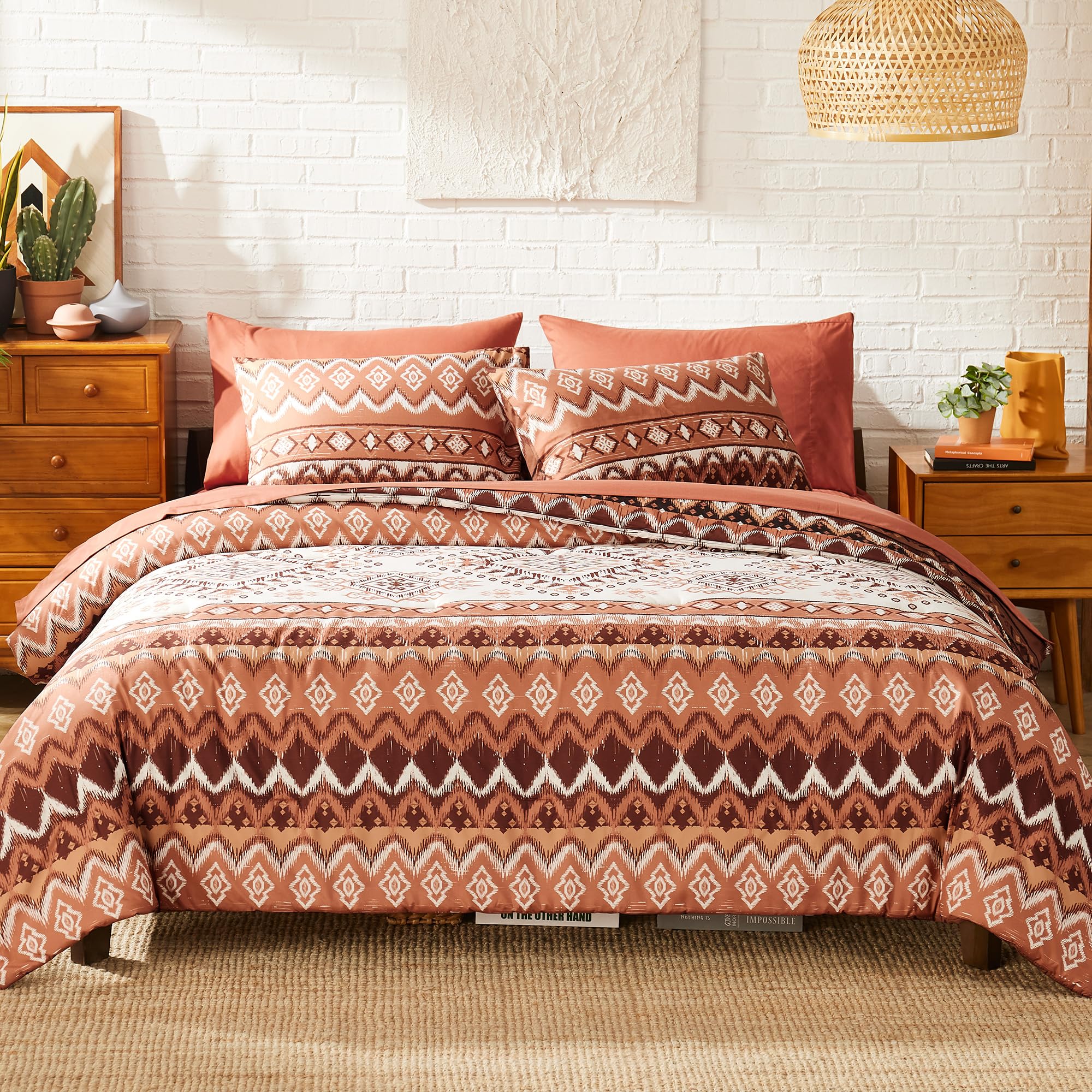 Photo 1 of Geniospin Full Comforter Set, Boho Aztec Comforter Set 7 Pieces, All Season Reversible Bed in A Bag, Soft Microfiber Fill Bedding, Lightweight, Warm and Breathable (Terracotta, 80"x90")