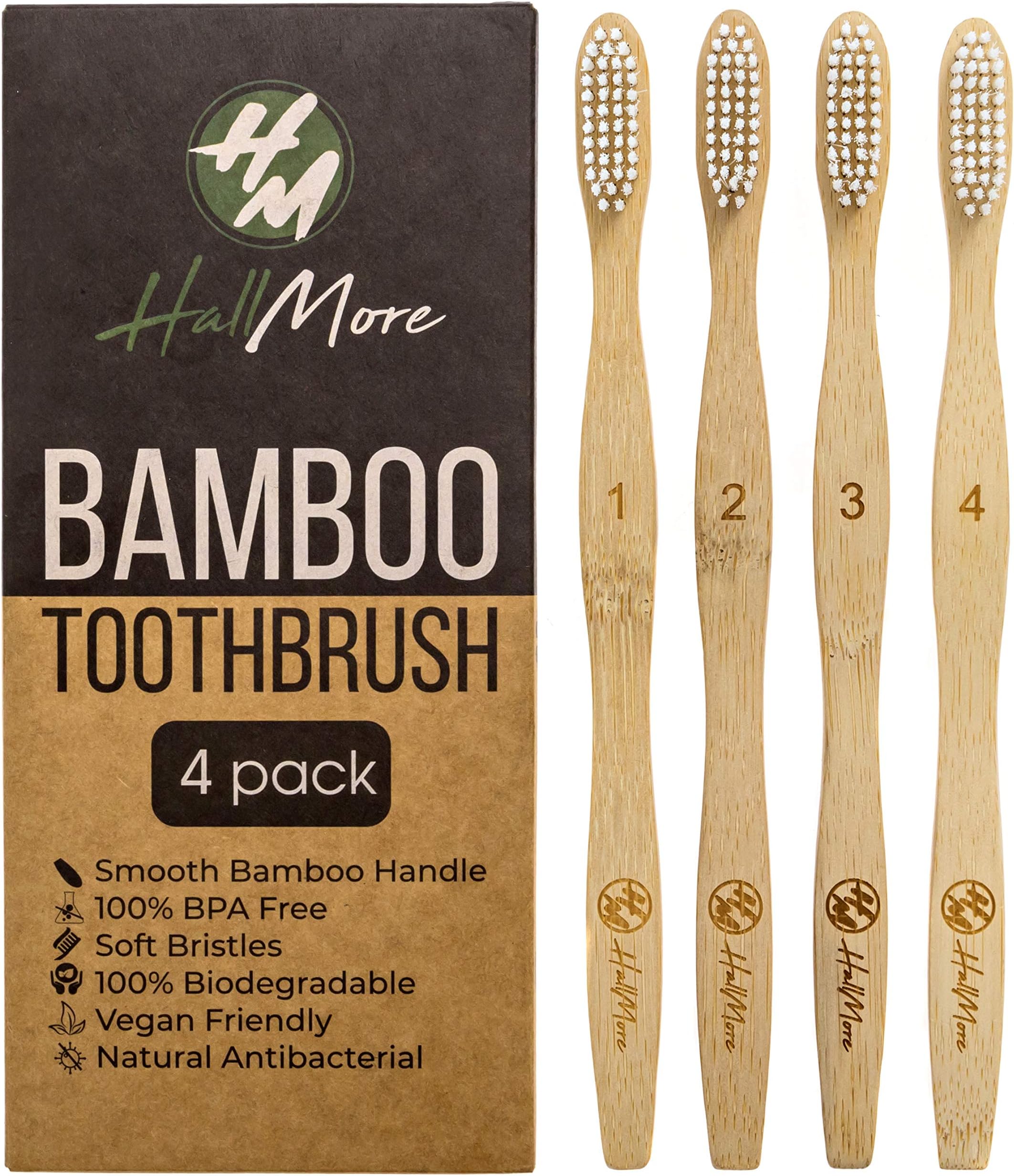 HallMore Bamboo Toothbrush,Biodegradable Soft Bristles Toothbrushes, 4 Pack