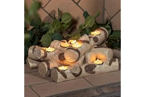 Plow & Hearth Faux Birch Wood Resin Logs Candle Holder for Fireplace | Romantic Ambiance Without Heat or Mess | Holds 8 Tea Lights| Realistic Sculpted Logs | 15" L x 9" W x 5" H