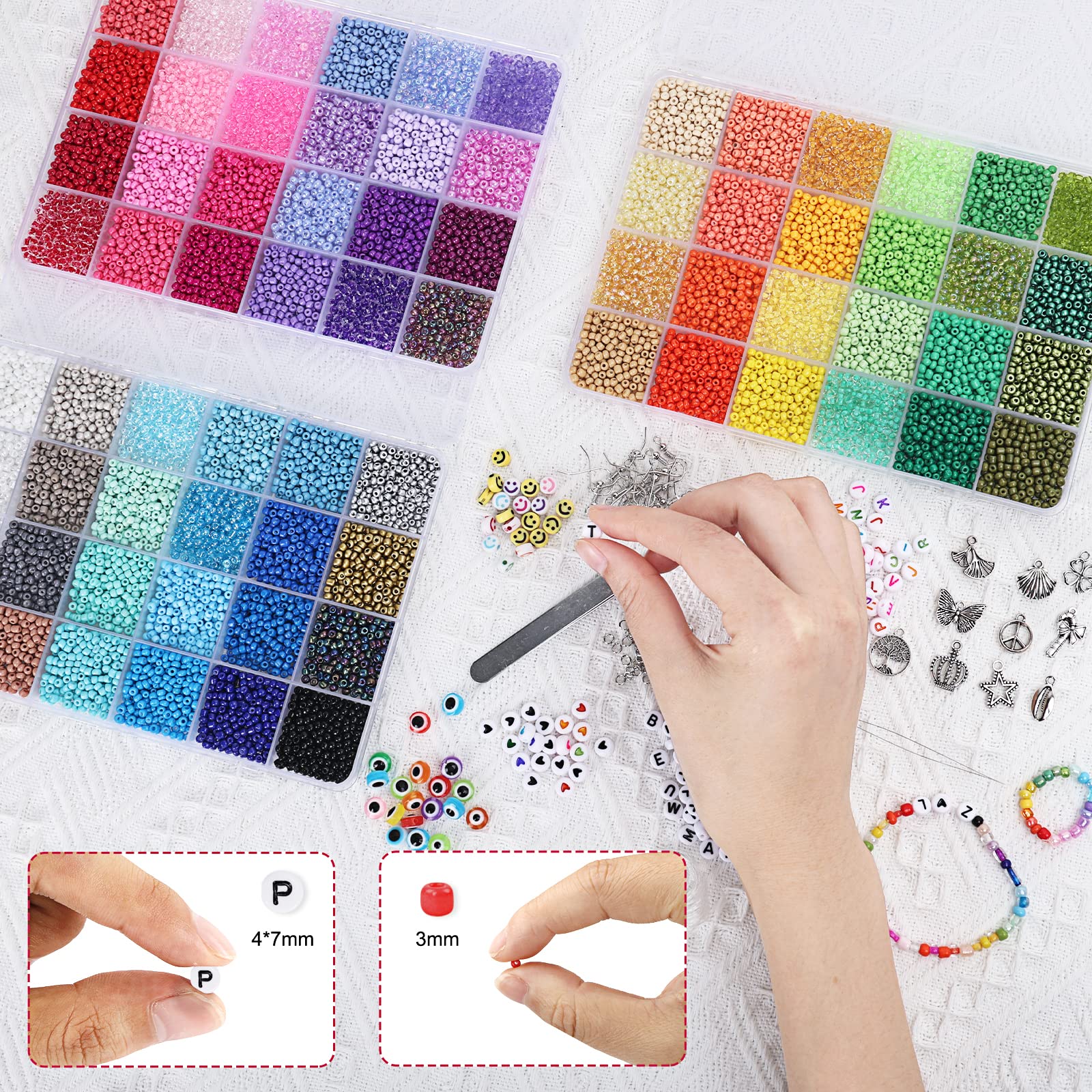 QUEFE 14400pcs 72 Colors 3mm Glass Seed Beads for Bracelet Making Kit, Waist Beads Kit Small Beads for Jewelry Making with Letter Beads for Crafts Gifts