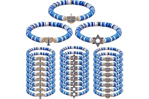 Huquary 24 Pcs Hanukkah Party Bracelets Bulk Hanukkah Menorah Star of David Dreidel Polymer Clay Beaded Bracelets Bulk for Holidays Party Supplies Stocking Goody Bag Stuffers