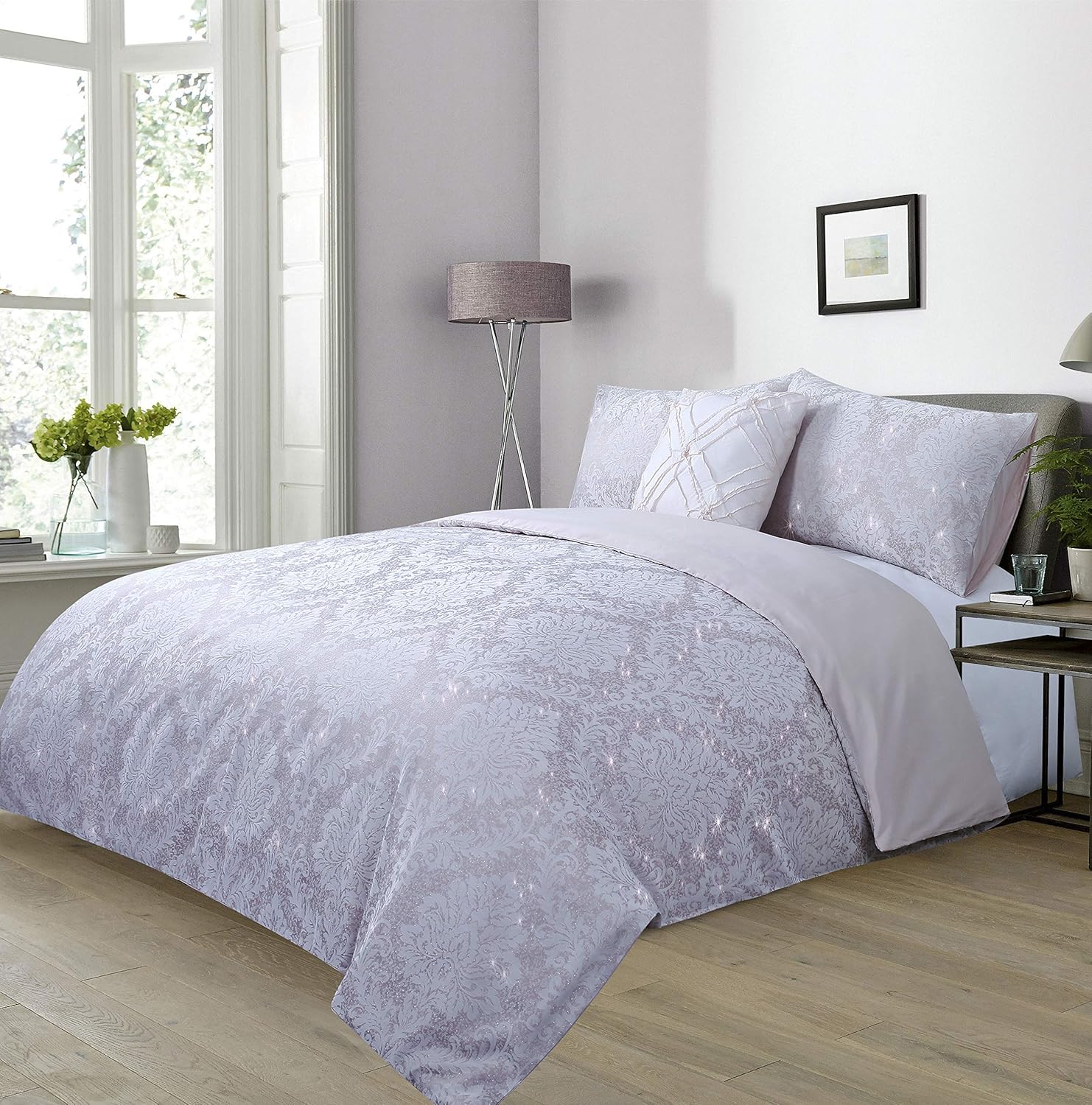 YINFUNG Double Size Damask Jacquard Pink Duvet Cover Set with Shinny Metallised Fibre and