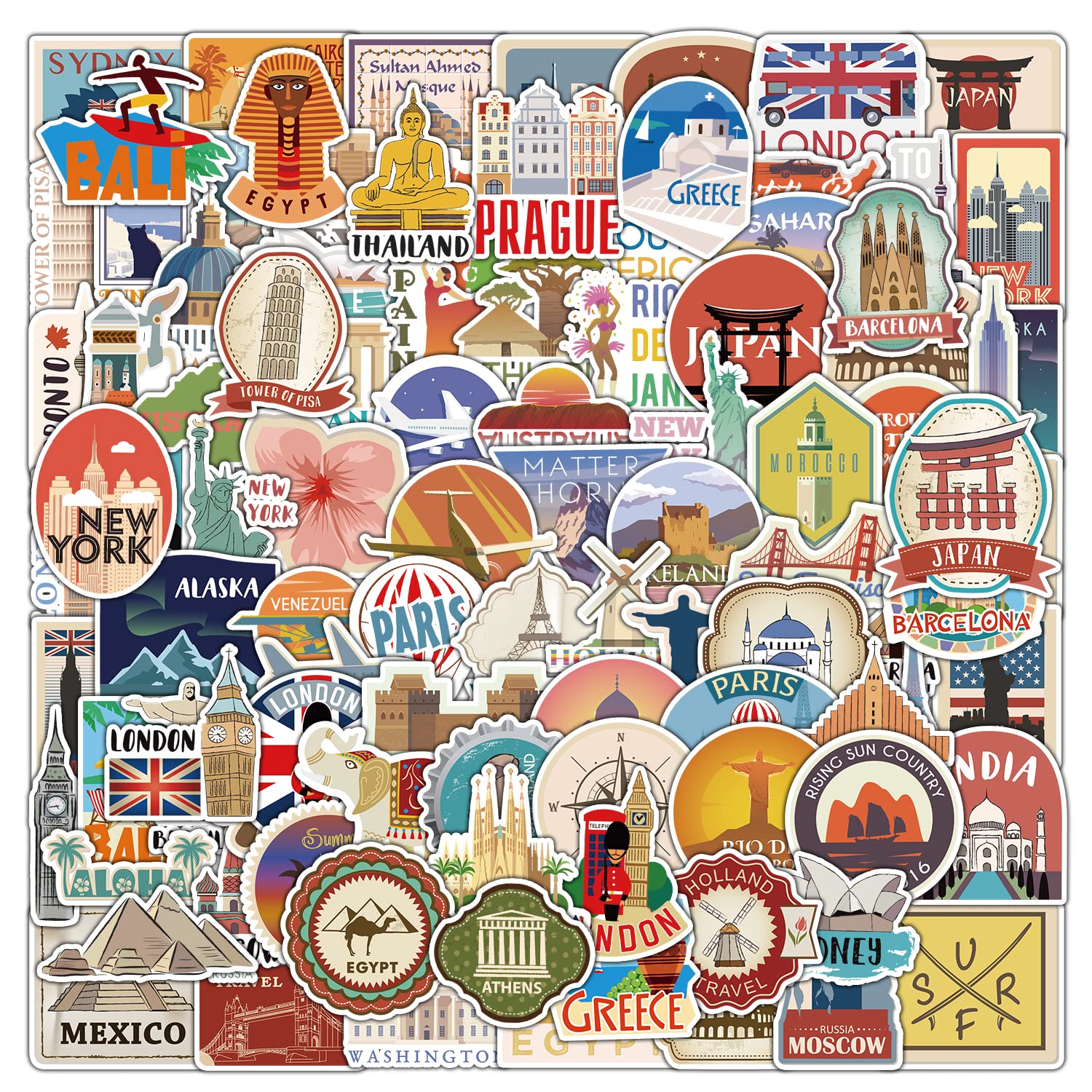 World Travel Stickers 100 pcs, Global Famous Country City Symbols Landmarks Stickers