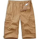 Cotrasen Men's Cargo Shorts Cotton Casual Below Knee Long Shorts Twill Elastic 3/4 Capri Pants with 7 Pockets