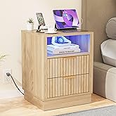 HOCAT Nightstand with Charging Station, Fluted Bedside Table with 2 Storage Drawer and Open Wood Shelf, Night Stand with Solid Wood Base for Bedroom, Side Table, End Table, Oak