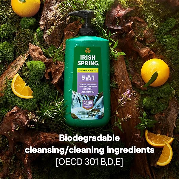 IRISH SPRING 5 IN 1 MOISTURIZING BODY WASH FOR MEN, SHAMPOO, CONDITIONER, BODY AND FACE WASH, AND 24 HOUR DEODORIZER, PARABEN-FREE, FRESH EUCALYPTUS & BERGAMOT SCENT, 30 FL OZ – PACKAGING MAY VARY