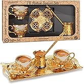 Alisveristime Turkish Coffee Set for Two, 2 White Gilded Porcelain Cups with Zamac Holders and Saucers, Metal Tray, Lale Motif Zamac Coffee Pot (White Gilded) (Gold)