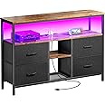 Huuger TV Stand Dresser with Power Outlets and LED Lights, 4 Drawers Entertainment Center with Open Shelf, Media Console for 50 43 Inch TV, Dresser with PU Finish, Rustic Brown and Black