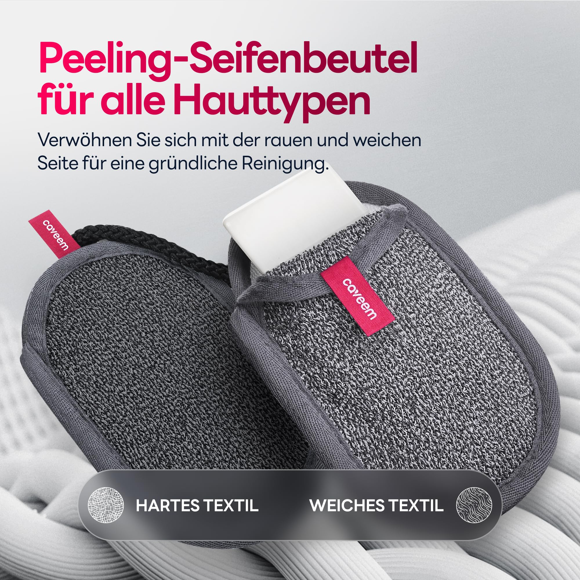 Seifenspender-Tasche mit Rauer & Sanfter Peeling-Oberfläche, Netzbeutel für Seifenstücke zur Körperreinigung, Waschbeutel mit Griff für Dusche und Bad (2er Pack) 4