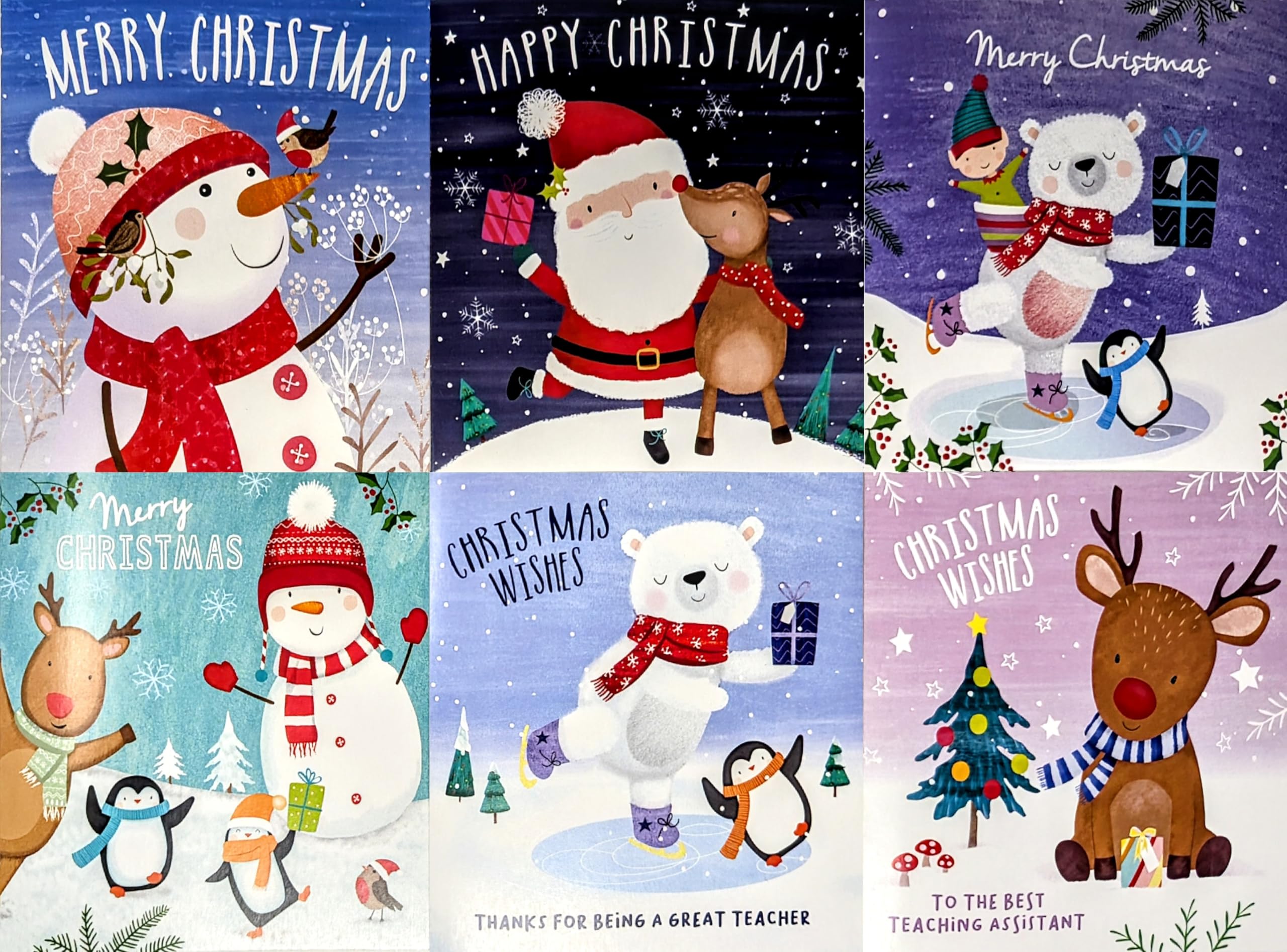 30 Mini Christmas Cards for Kids – 4 Festive Designs – Includes Teacher & Teaching Assistant Cards – With Envelopes – Cute Snowman, Santa, Reindeer & Penguin – Ideal for School Classroom Exchange