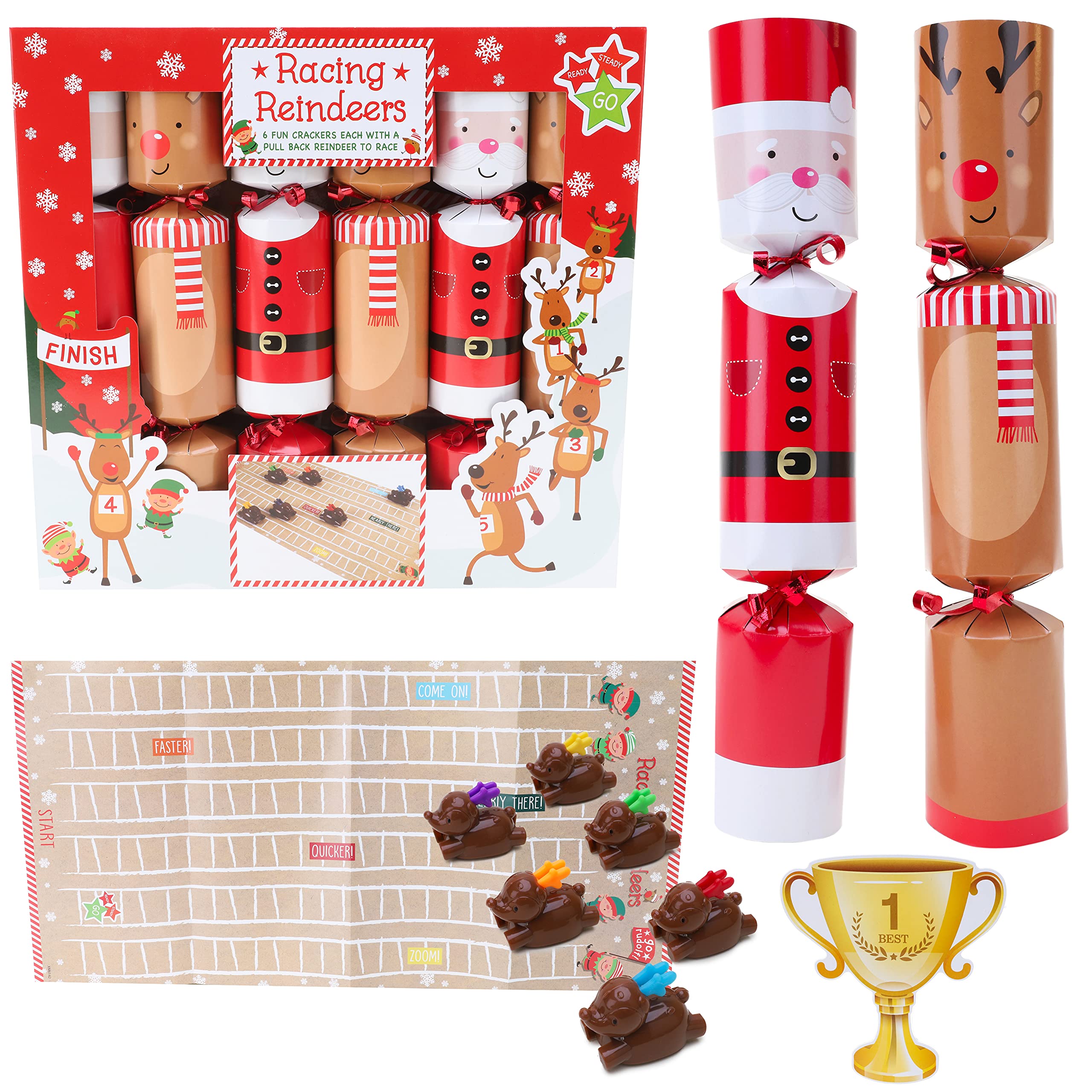 Toyland® Pack Of 6 Fun Santa & Elf Christmas Crackers With Reindeer Figure To Race To Santa's Workshop Game