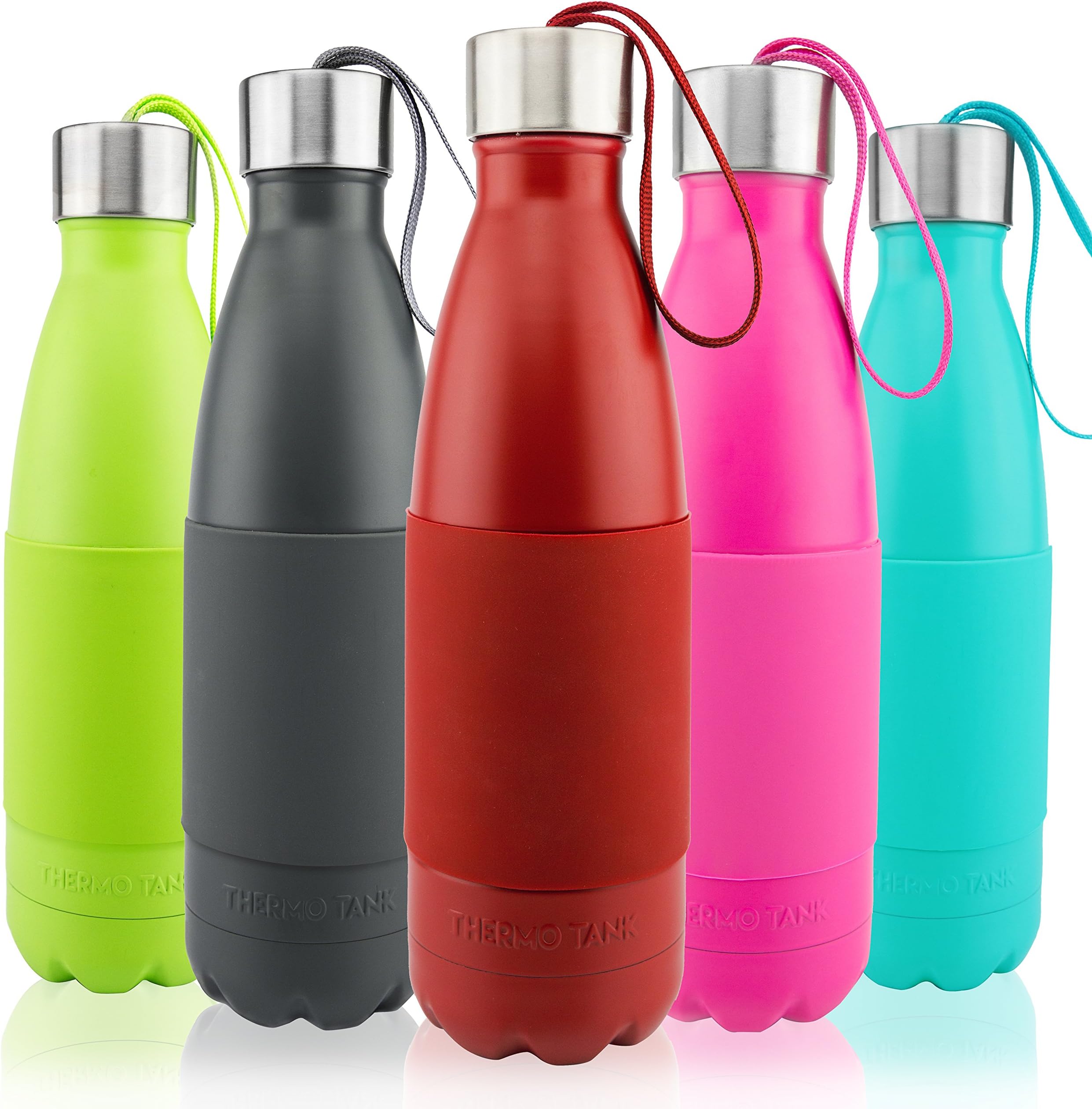 Thermo Tank Insulated Stainless Steel Water Bottle - Ice Cold 36 Hours! Vacuum + Copper Technology - Carry Loop Lid, Silicone Grip - 17 Ounce