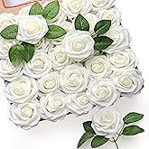 Mocoosy 50Pcs White Rose Artificial Flowers, Ivory Roses for Decorations, Real Touch Fake Rose with Stems Bulk DIY Wedding Bouquet Bridal Shower Valentine's Day Floral Arrangement Party Home Decor