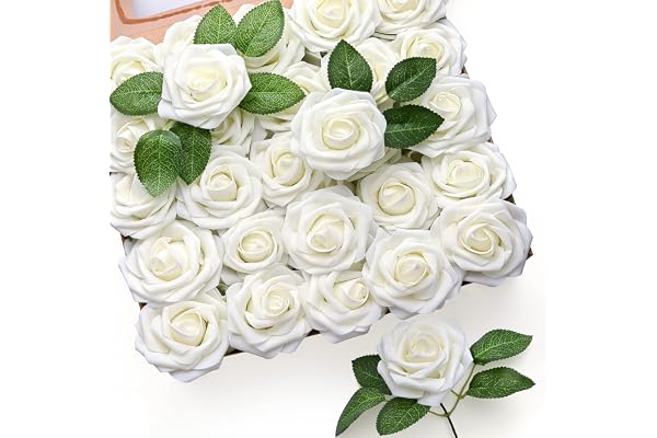 Mocoosy 50Pcs White Rose Artificial Flowers, Ivory Roses for Decorations, Real Touch Fake Rose with Stems Bulk DIY Wedding Bo