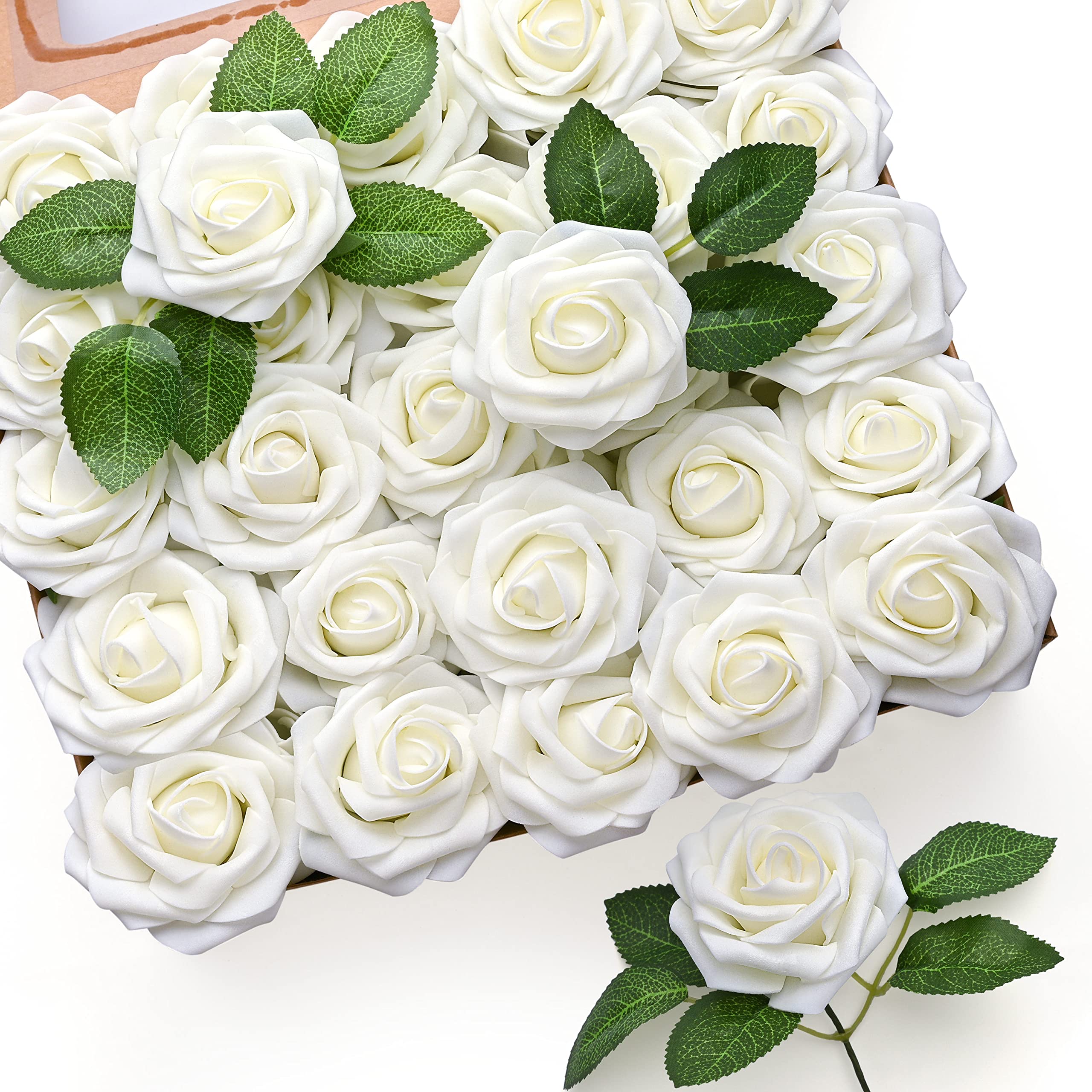 Mocoosy 50Pcs Artificial Flowers Rose Ivory White Fake Roses Flowers for Decorations, Faux White Foam Roses Bulk with Stem for Wedding Bouquets Centerpieces DIY Crafts Flower Arrangements Home Decor