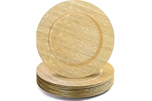 Jucoan 12 Pack Gold Charger Plates, 13 Inch Plastic Charger Plates with Linear Design, Round Decorative Dinner Chargers for W
