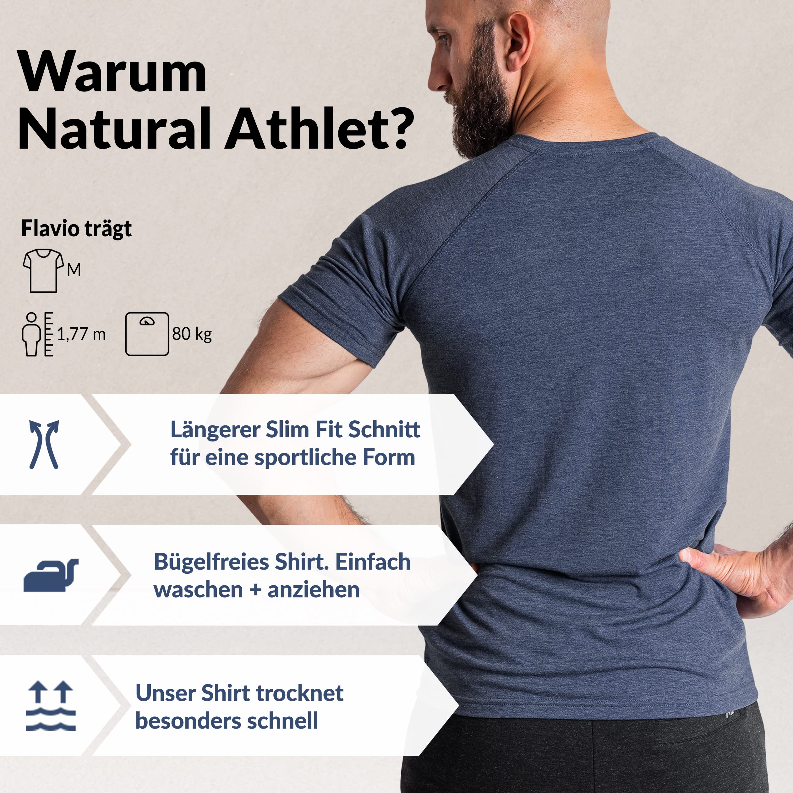 Natural Athlet Slim-Fit Fitness Tshirt für Herren – Enges & langes schnelltrocknendes Männer Kurzarm Gym T-Shirt – für Sport, Gym, Fitnessstudio, Workout, Bodybuilding und Krafttraining – Blau 2