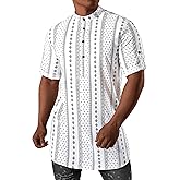 JOGAL Mens Striped Henley Shirt Short Sleeve Traditional African Style Dashiki Shirts