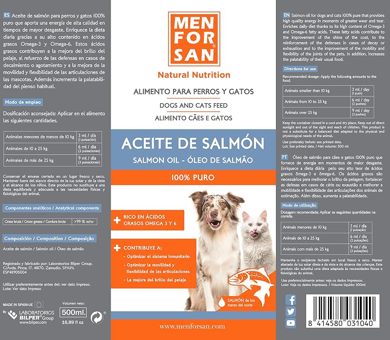 Olio di Salmone per cani e gatti 500ml, Arricchisce la dieta Quotidiana, Molteplici Benefici