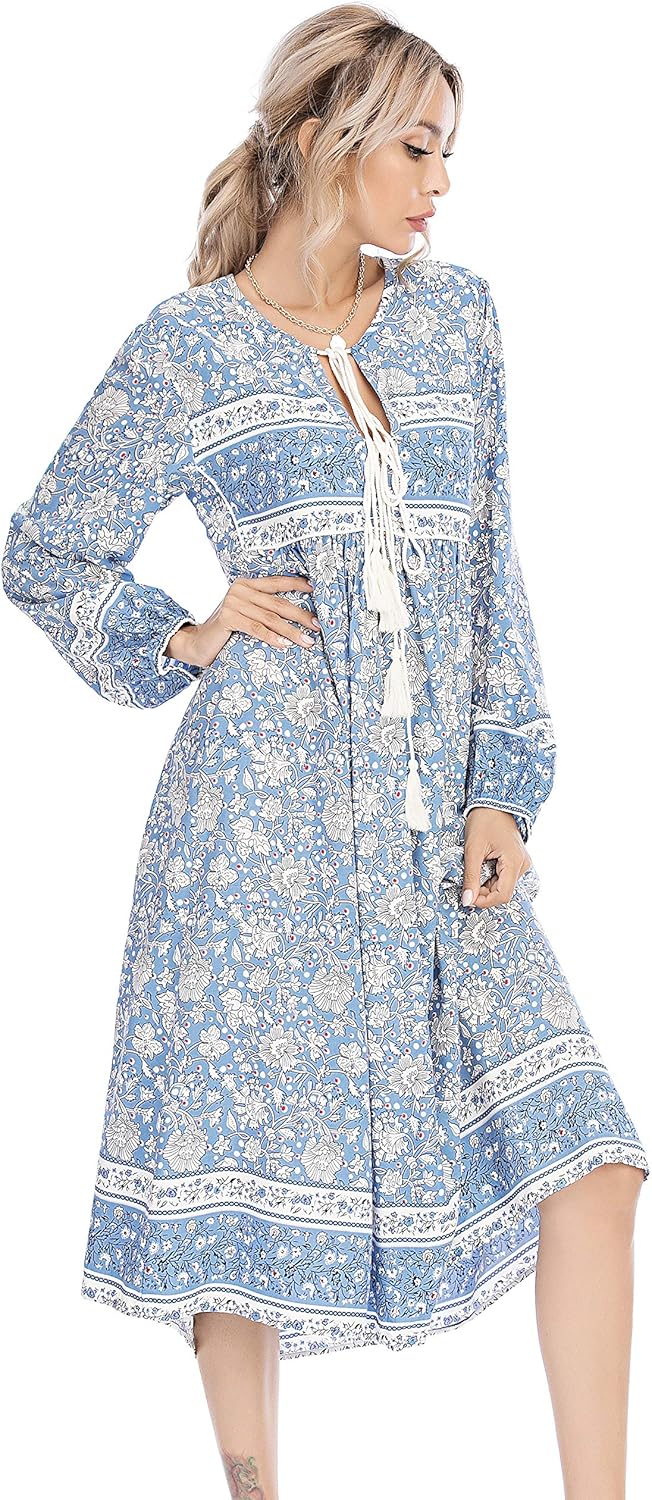 R.Vivimos Women's Long Sleeve Floral Print Retro V Neck Tassel Bohemian Midi Dresses: Clothing